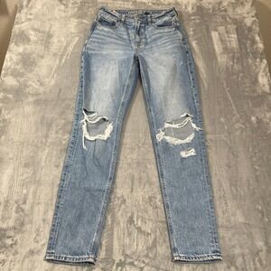 American Eagle Jeans Womens Size 2 Long Mom Jean Distressed Light Wash